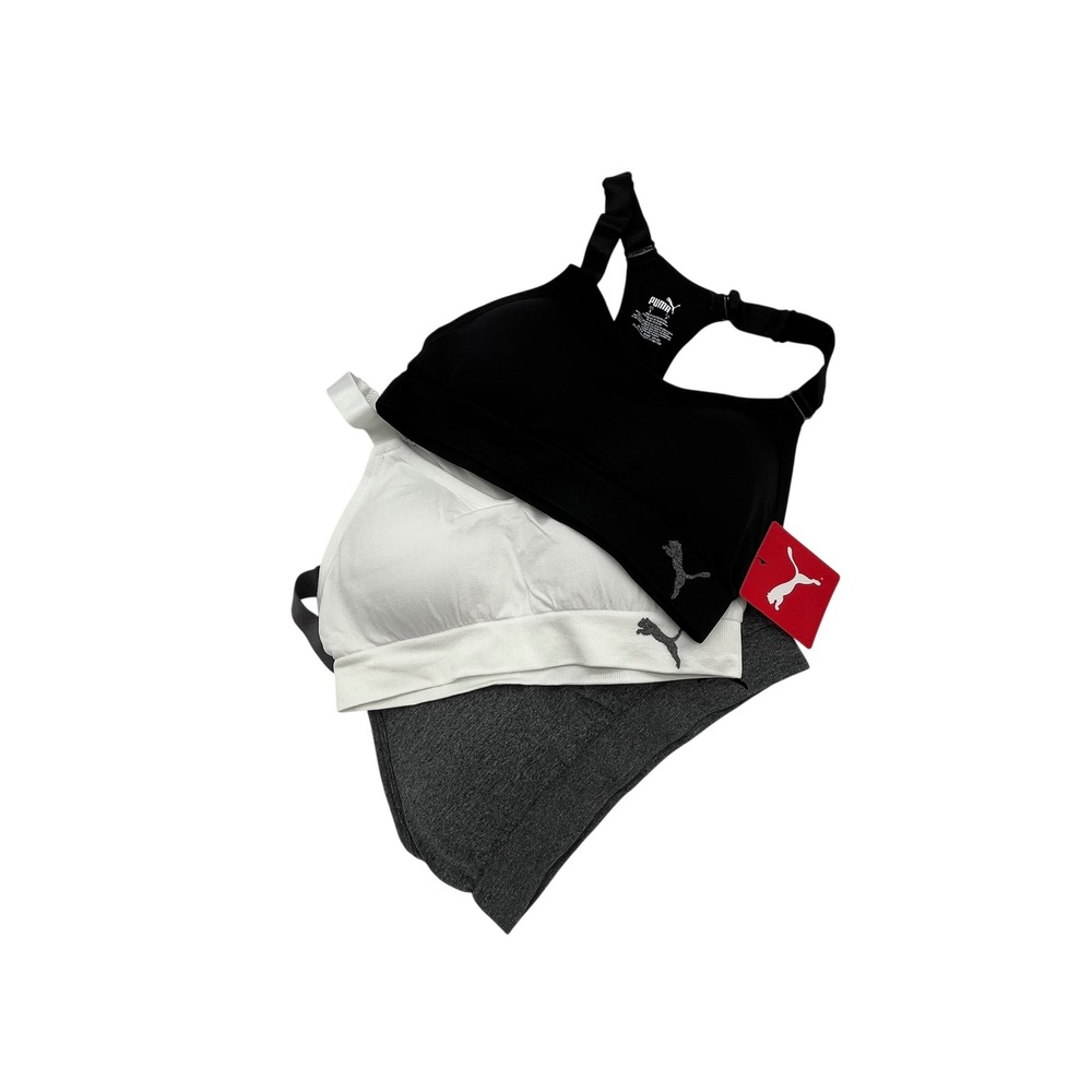 Puma Womens 3 Pack Seamless Sports Bras Black White Grey Adjustable Straps S